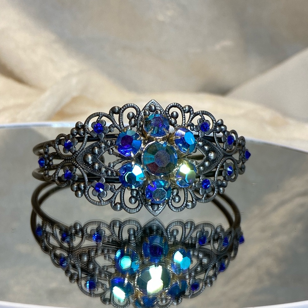 Vintage Style Blue Aurora Borealis Rhinestone Cuff Filigree w Floral Accents